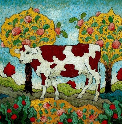 Cow ( Pink Arabesque) by Mark Briscoe, Egg Tempera and Gouache on Board, 30" x 30"